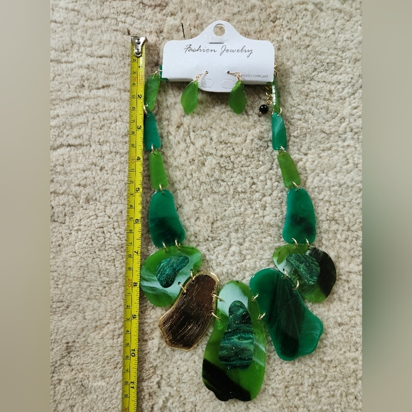 Green, Blue and Goldtone Statement Necklace with Earrings Set - Picture 14 of 16